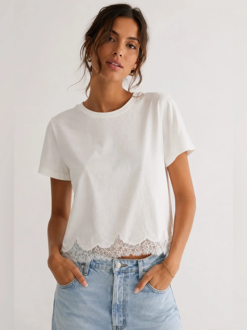 J.Crew Lace Trim Cotton T-Shirt Top White Lace Hem Cotton Size Small S